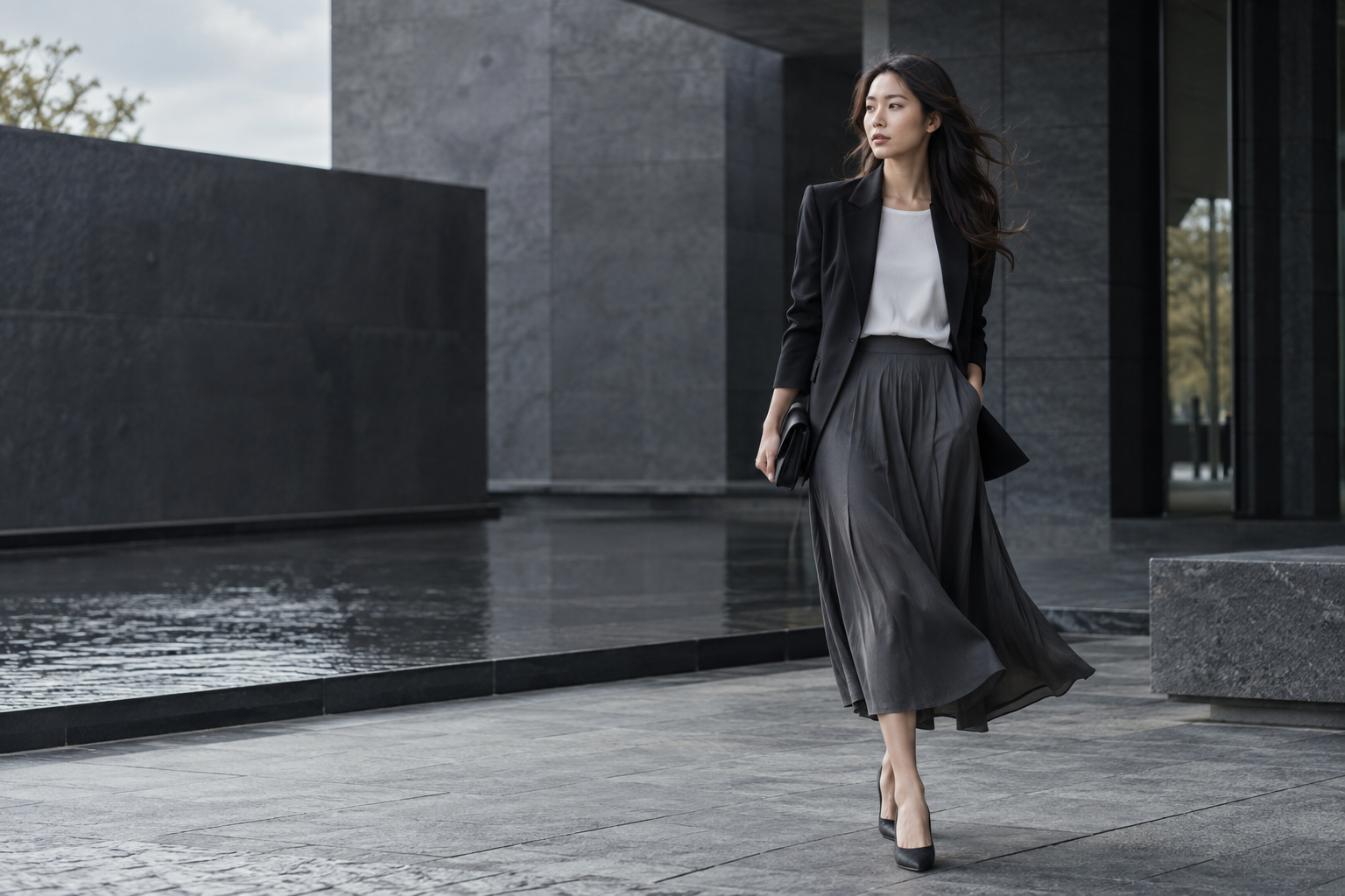 黒のジャケットとスカートをまとい、石造りの建築を背景に佇む女性